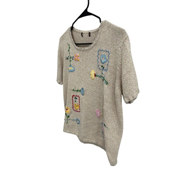 Vintage Style Floral Embroidered Beige Knit Short-Sleeve Top - Picture 3 of 8